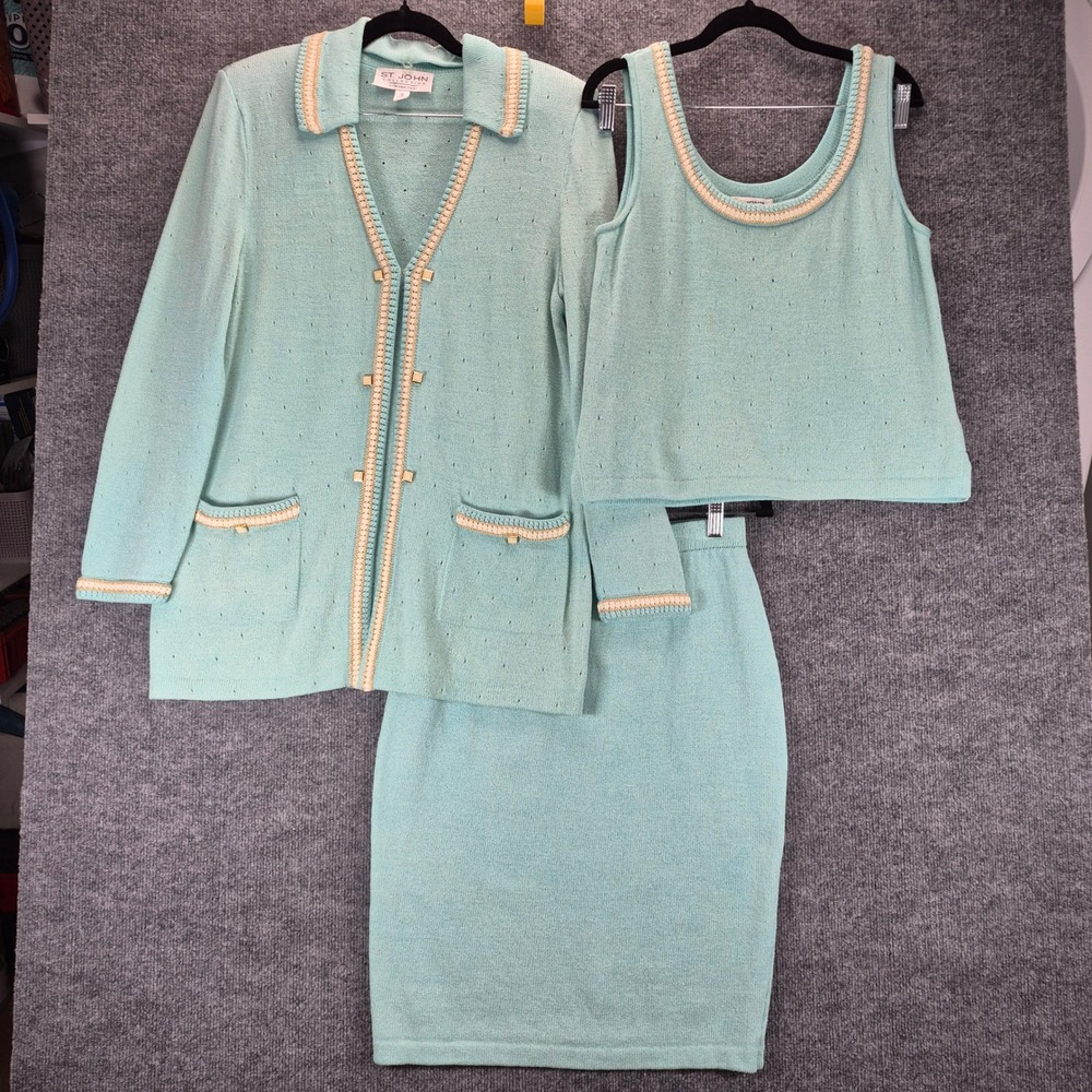 St John 3 Pc Santana Knit Skirt Suit Vintage Size 8 Seafoam Green